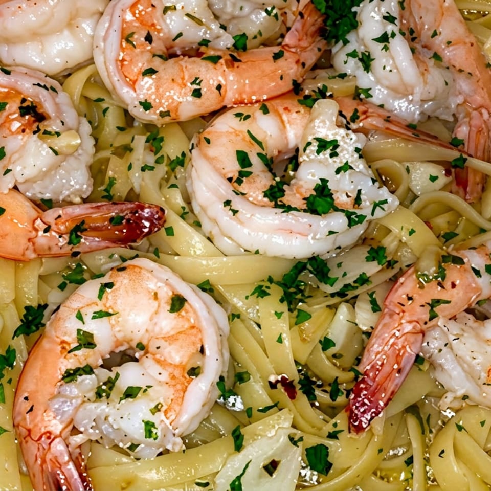 Fettuccine topped with shrimp, sliced garlic, parsley, and red pepper flakes in a foil serving dish.