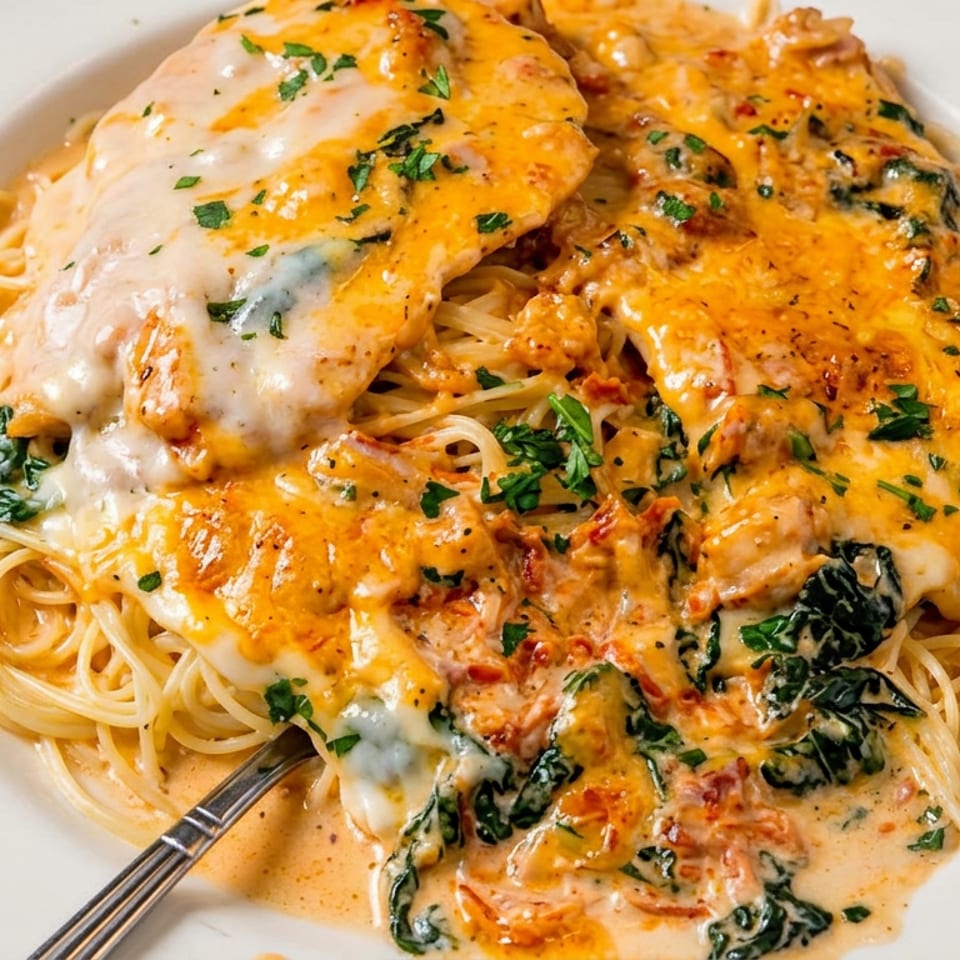 Creamy Tuscan chicken with spinach and sun-dried tomatoes served over spaghetti on a white plate.