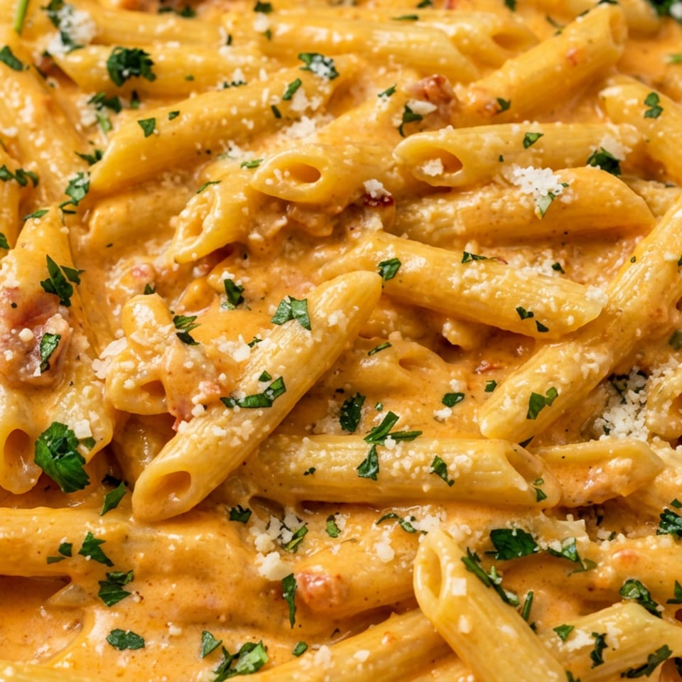 Penne pasta coated in creamy orange sauce, topped with bacon, grated cheese, and chopped parsley.