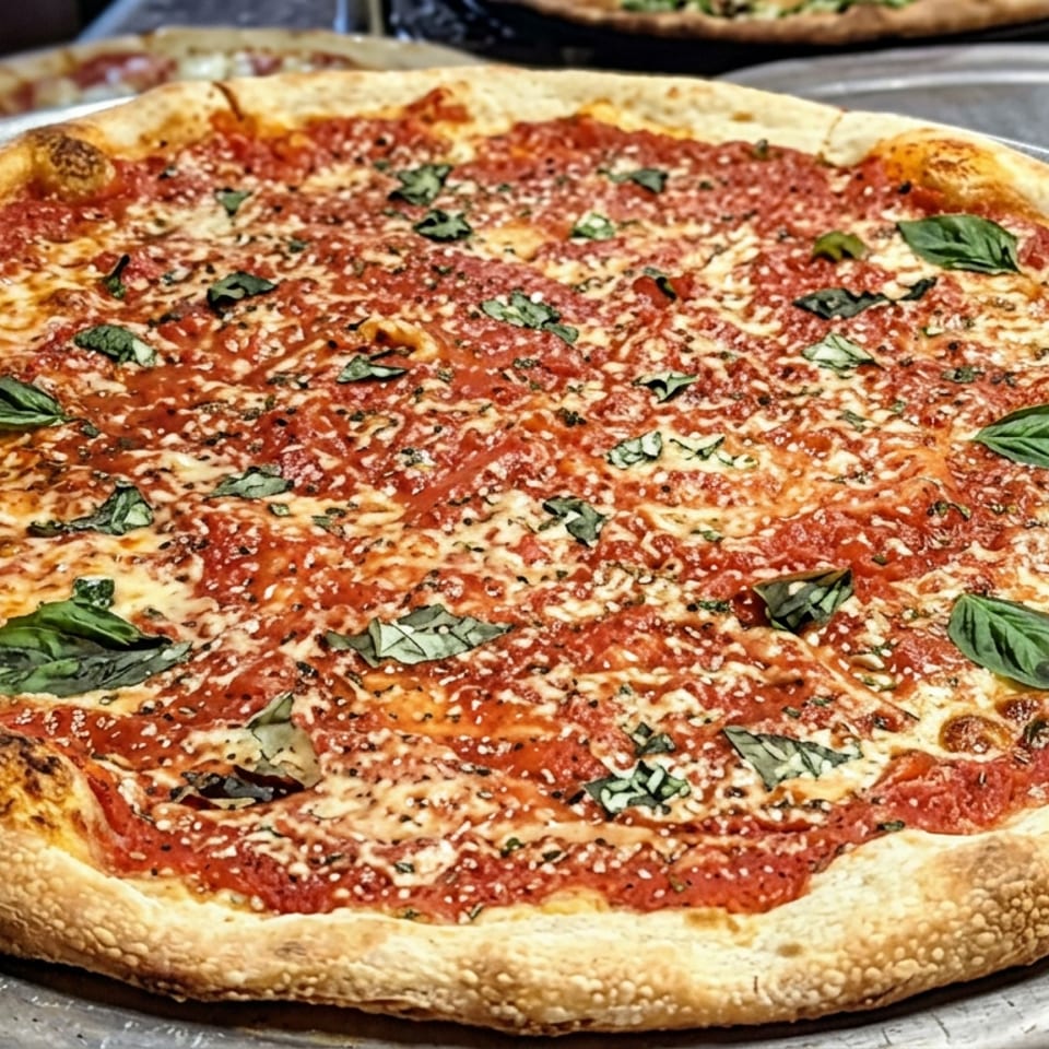 Large thin-crust cheese pizza topped with tomato sauce, basil leaves, and herbs on a metal serving tray.