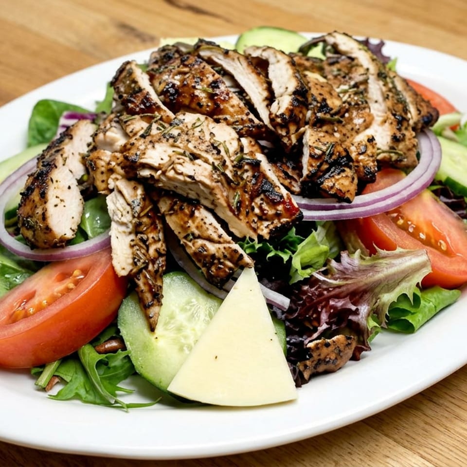 Grilled herb-seasoned chicken strips served over mixed greens with tomatoes, cucumber, red onion, avocado, and cheese.